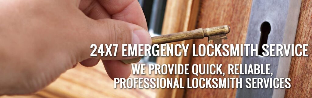 Locksmith inserting a key into a door lock, with emergency locksmith service banner text